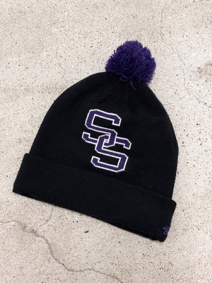 00s STUSSY/Logo print Bon Bon Beanie/Free/ロゴプリントビ－ニ－/ボンボンニット帽/刺繍ロゴ/ストックロゴ/ブラック/ステューシー