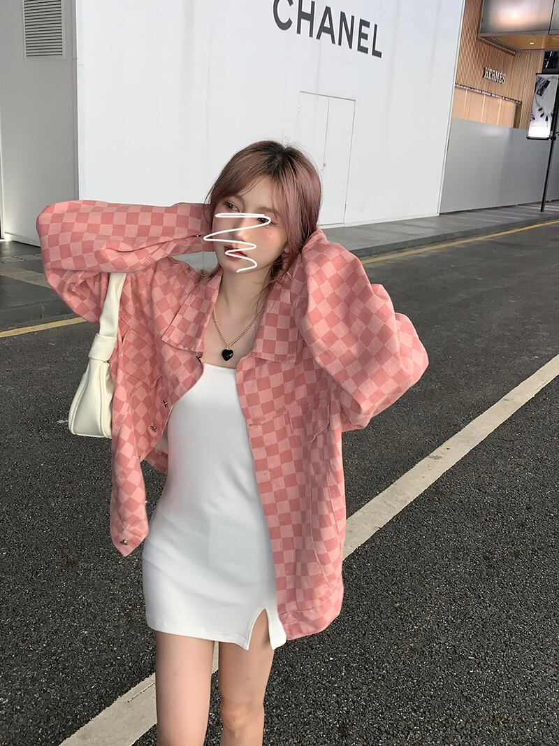 オータムルーズジャケット 格子柄長袖スリーブ ロング ピンク 秋物 モンロー85255921747