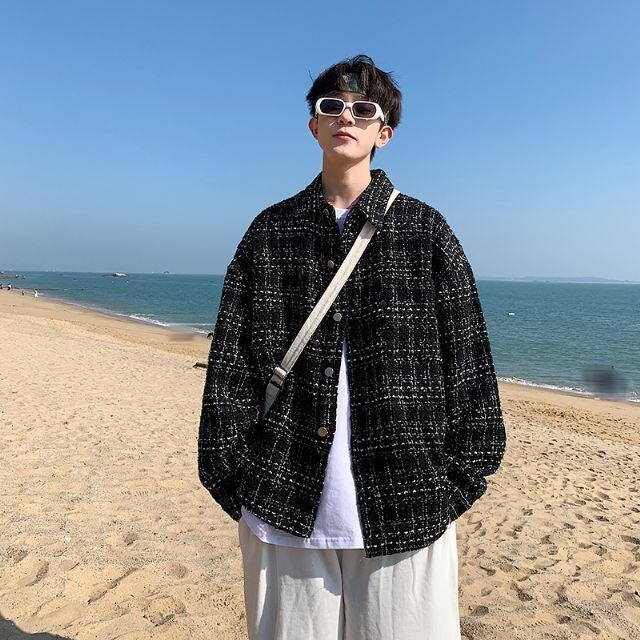 【予約販売】ネルシャツ 長袖 厚手 メンズ オーバーサイズ チェック柄 ブラック ホワイト カジュアル ストリート こなれ感 お洒落 韓国 トレンド 秋冬春 S/M/L/XL/2XL