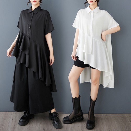 asymmetry ruffle long tops / l0727