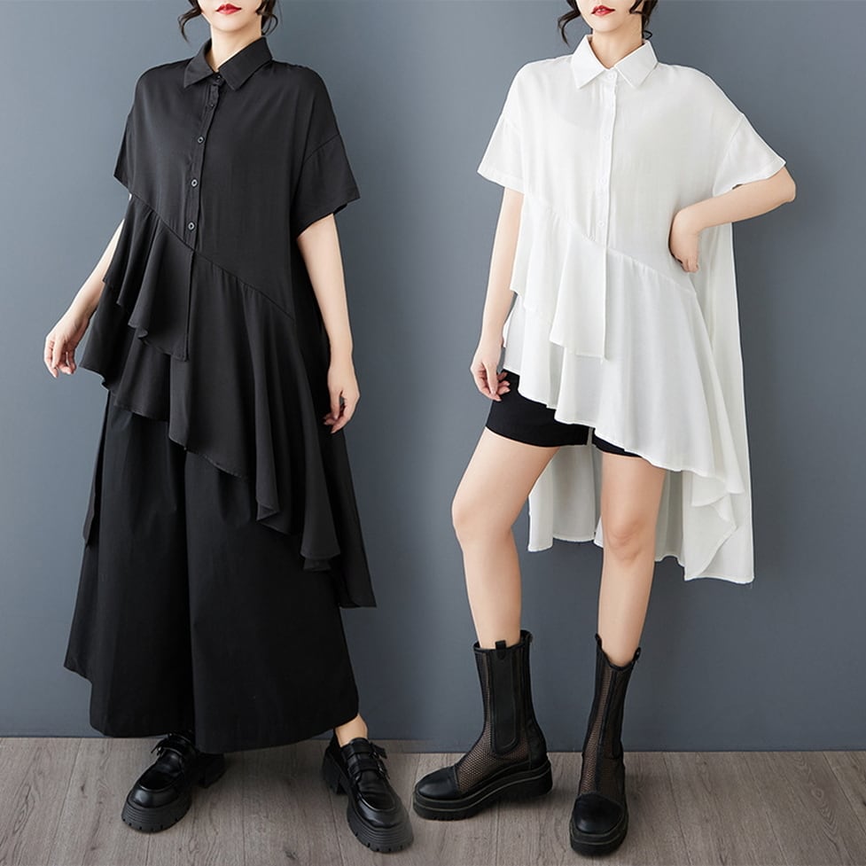 asymmetry ruffle long tops / l0727