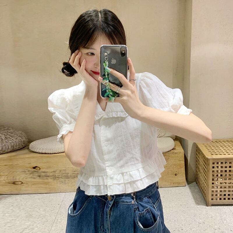 カラースリーブシャツ サマーホワイトショートトップス 夏物 スーパーモール76024249380