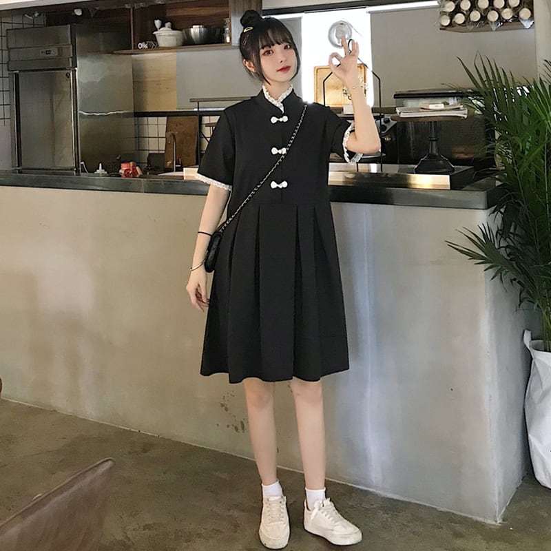 Jigujiguシリーズ チャイナ風ワンピース 中華服 可愛い 普段着 女子会 ブラック 黒い 大きいサイズ Elegant
