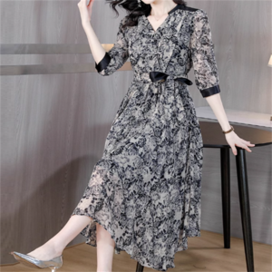 【送料無料】 ドレス ロングドレス ワンピース 衣装 パーティドレス ロング ロング丈 マキシ マキシ丈 アシンメトリー丈 袖あり 長袖 七分丈 Vネック Aライン フレア バイカラー エレガント 可愛い 大人可愛い きれいめ シンプル カジュアル シック 華やか 大人 上品 おしゃれ お洒落 主役級 こなれ感 高見え 高級感 花柄 秋 30代 40代 レディース 女性用 ママ デート お出かけ 女子会 お呼ばれ 休日 お茶会 授業参観 二次会 パーティ 演奏会 普段使い ファッション   インスタ映え