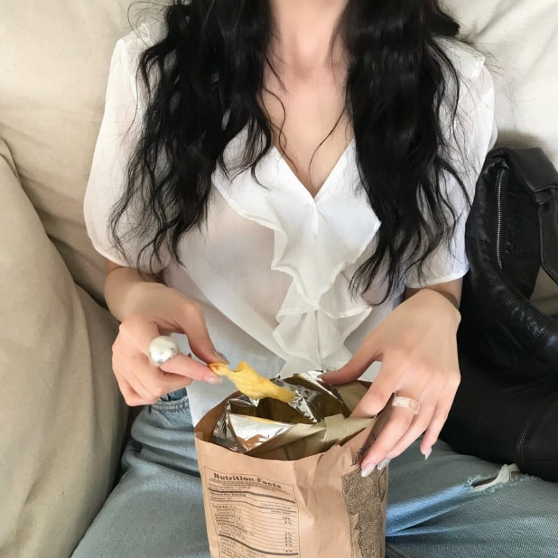 Vネックシングルブレストスリーブブラウス