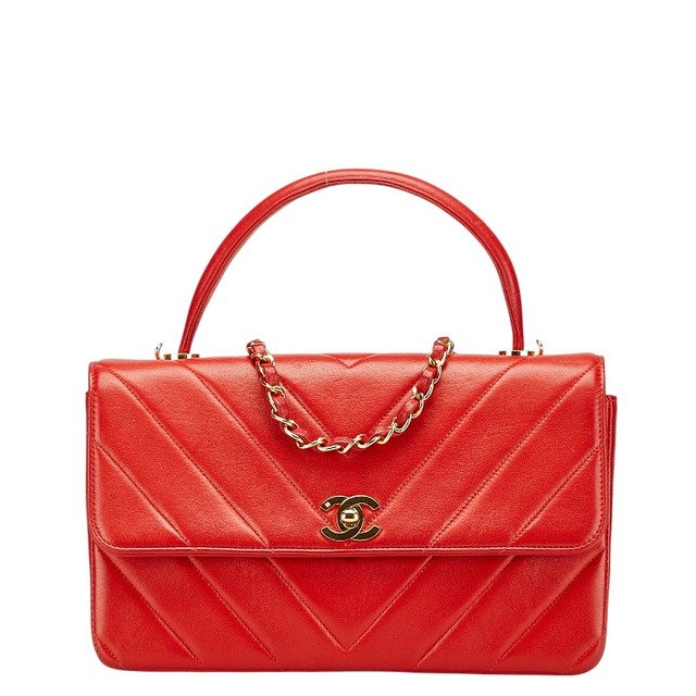 シャネル シェブロン V字ステッチ ココマーク ハンドバッグ ショルダーバッグ 2WAY レッド ラムスキン レディース CHANEL 【中古】