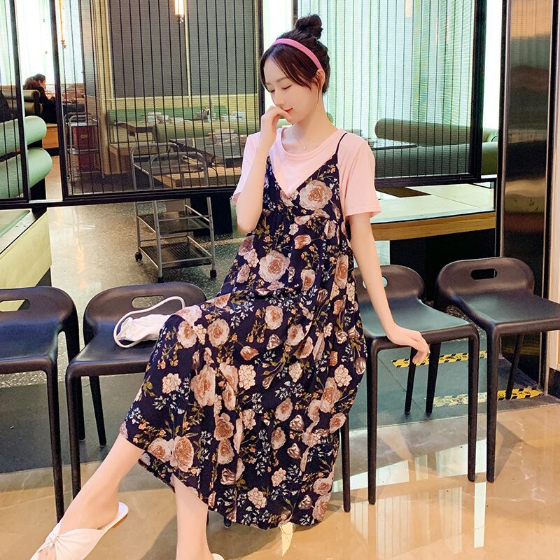 【新作】【送料無料】 マタニティウェア2020夏の新しいファッションフローラルシフォンミドル丈サスペンダースカート+ Tシャツ妊娠中のツーピースセット-アリババ サマー 夏物 花柄 expec294705614183