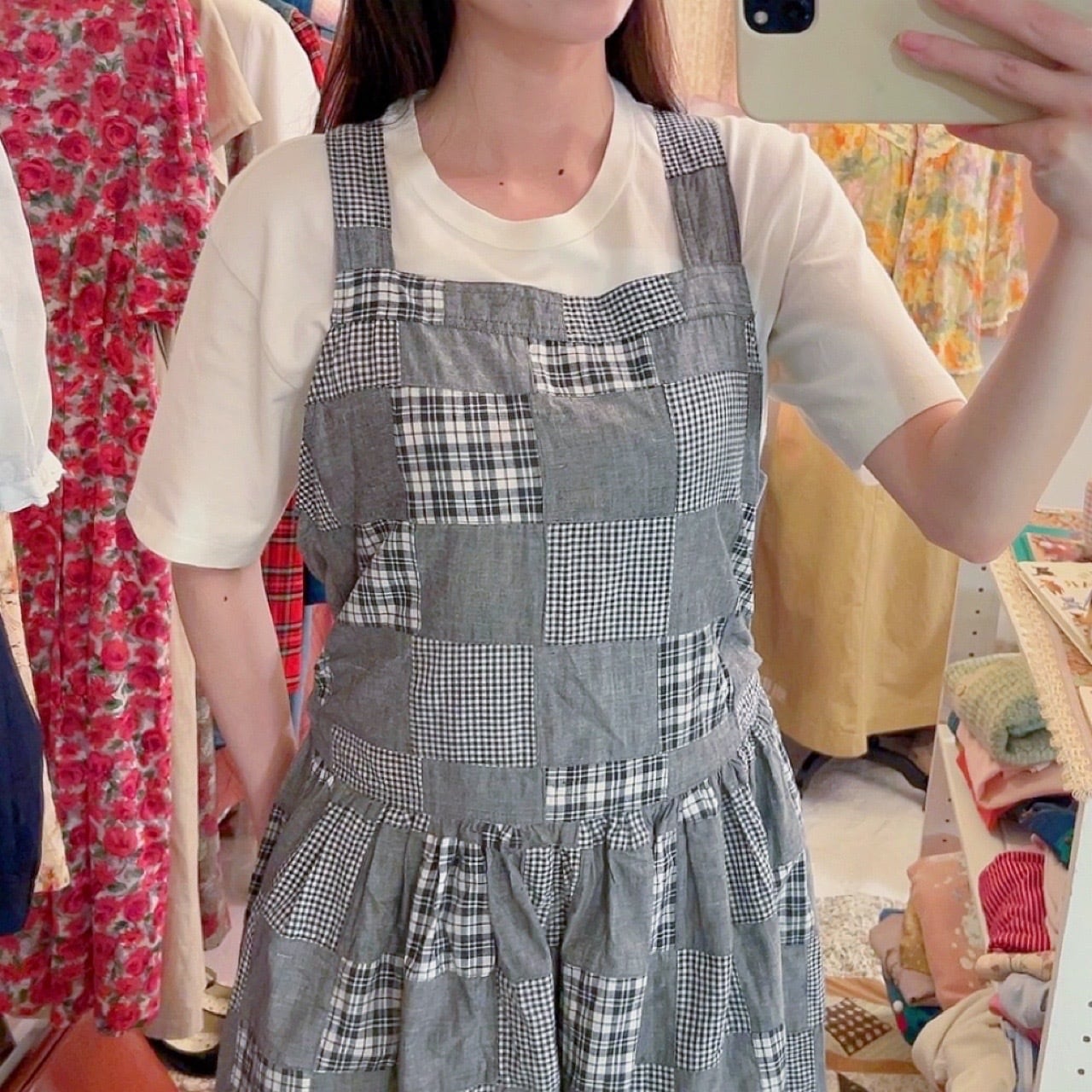 patchwork check apron one-piece