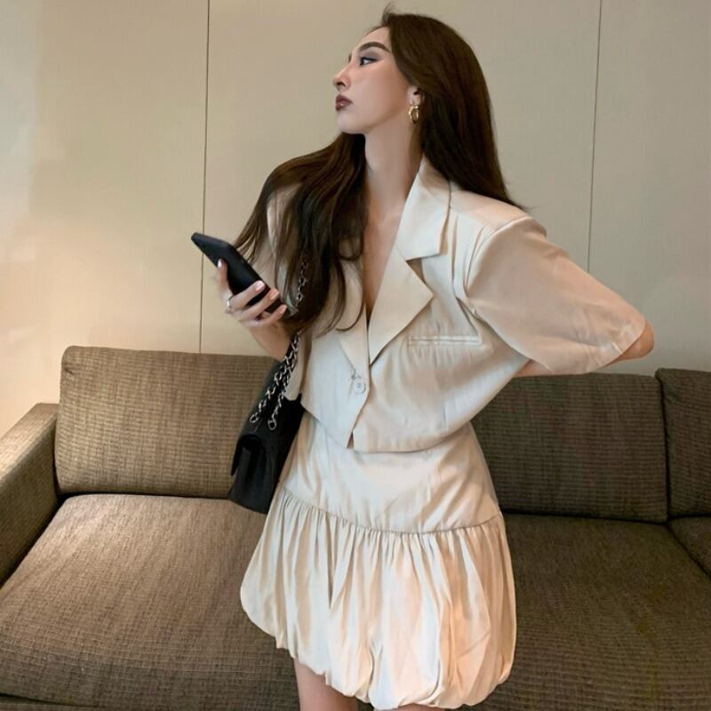 サマースタンダードショートジャケット ハイウェストウェストカジュアルスカート レトロ 夏物 YY-ファッション78430194509