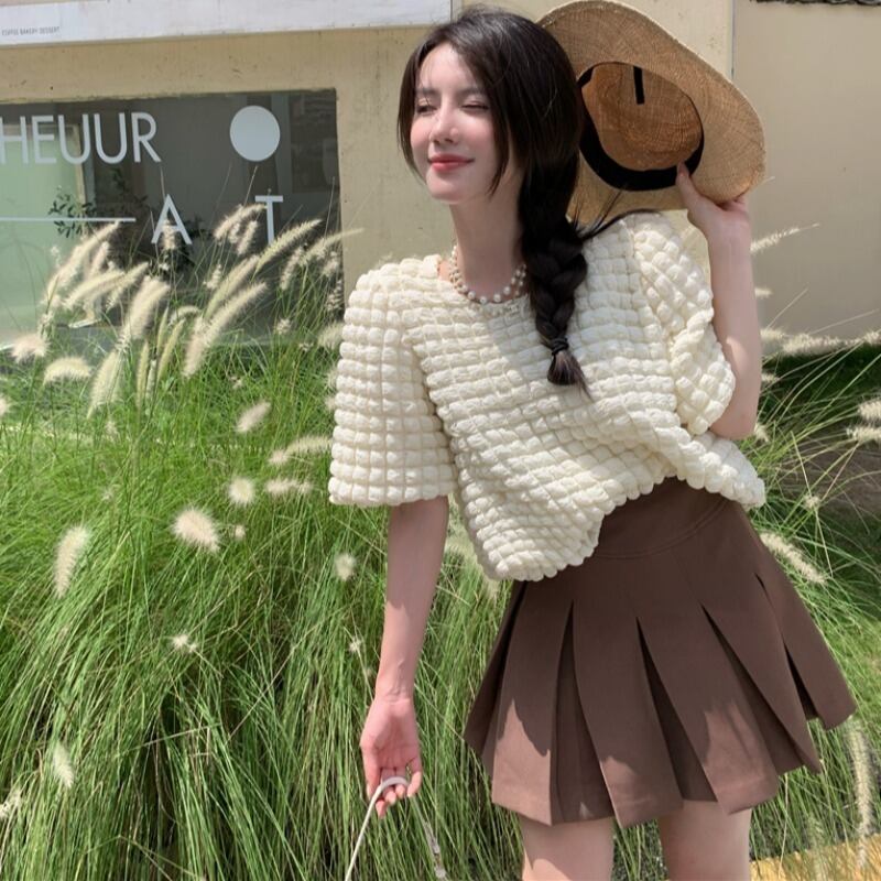 ラウンドネックスリーブシャツ ハイウェストウェストプリーツスカート レッド Oネック ハンチェンe75356135884