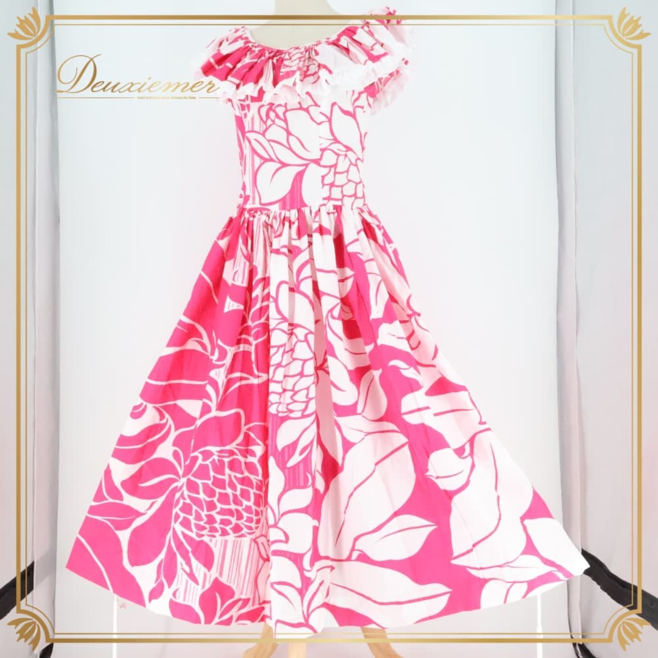 フラダンス 衣装 ワンピース ドレス プカラニファッション ピンク系 ホワイト系 Pukalani Fashion ハワイ製 ツーカラー フリル かわいい 華やか 鮮やか 明るい ラブリー 白 ダンス衣装 レディース ハワイアン アロハ ダンス レッスン 練習
