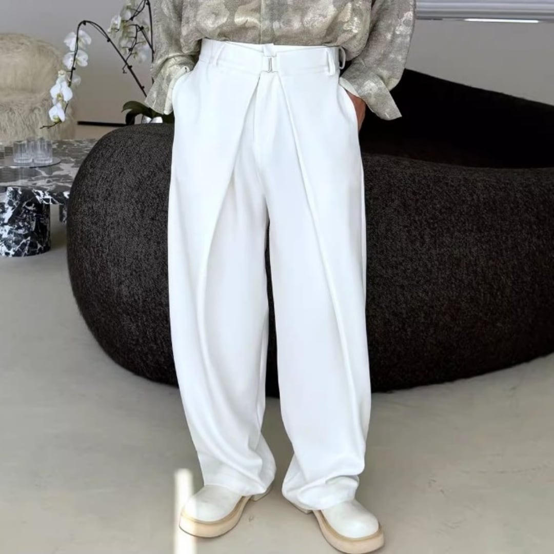 アシンメトリーフロントバックル タックワイドパンツ D12255