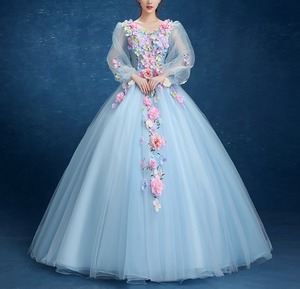 ウェディングドレス ドレス ウェディング パーティー 結婚式 披露宴 衣装 ロング 長袖 Vネック 襟なし プリンセスライン チュール バックリボン ハイウエスト 透け感 レースアップ 可愛い きれいめ 大人可愛い 上品 おしゃれ キュート エレガント 主役級 存在感 清楚 ゴージャス 華やか クラシカル フラワー イベント 体型カバー 二の腕カバー 高見え 格上げ プチプラ 春 夏 秋 冬 シーズンレス 2XL 3XL 小さい 大きい S M L XL スカイブルー バイオレット ピンク ホワイト