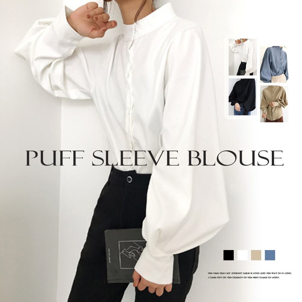 ブラウス ハンドカラー レディース バルーン袖 長袖チュニックシャツ 着やせ