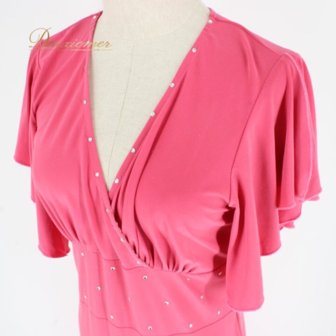 社交ダンス 衣装 スタンダード ドレス ワンピース レッスンウェア パーティドレス レディース ピンク系 Vネック ラインストーン ステージ衣装 カラオケ 社交ダンスドレス ピンク ワンピースドレス ロング丈 マキシ丈 Vネックドレス ラインストーン装飾 きらきら ストーン付き フリル袖 五分袖風 フレア袖 エレガント 大人可愛い 華やか ステージ衣装 舞台衣装 発表会 デモ チャチャ レッスン用 ダンス用品 ダンス発表会 カラオケ衣装 ティアドロップ スパンコール風 デザイン ポリエステル素材