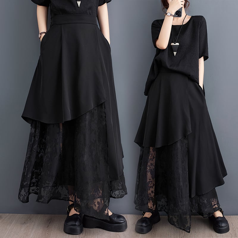 BLACK LACE LAYERED A-LINE LONG SKIRT 1color M-7168