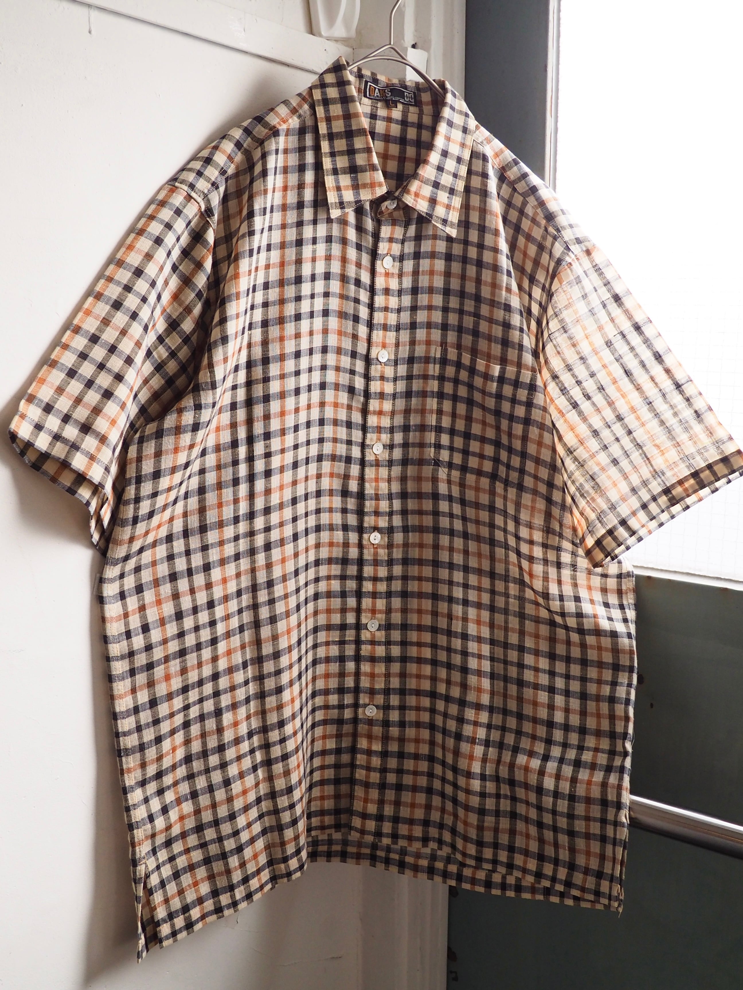 1980s ” Old DAKS ” House check pattern Design vintage loose linen mix shirt