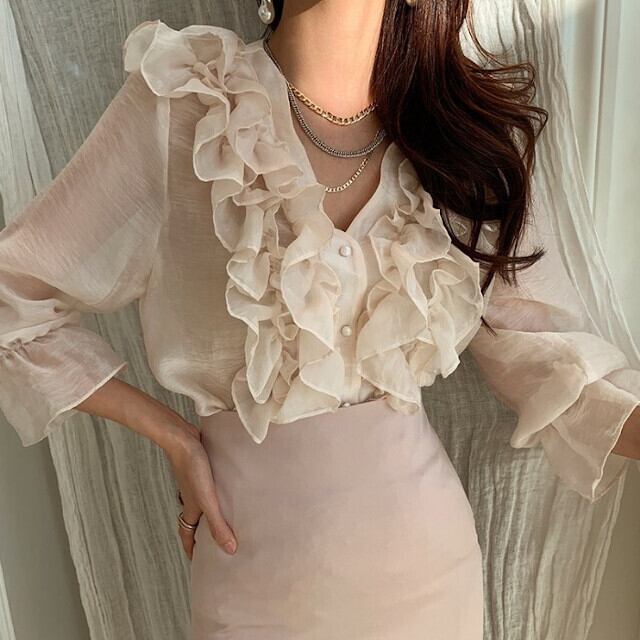 レディース ブラウス Vネック フリル ルーズフィット オケージョンブラウス シースルー 透け感 ベージュ