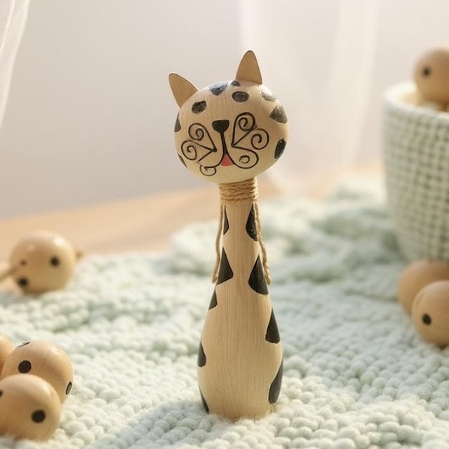木製ネコ 猫 ねこ ユニーク おすまし顔 ベージュ インテリア オブジェ 置物 Sanpoti-2511