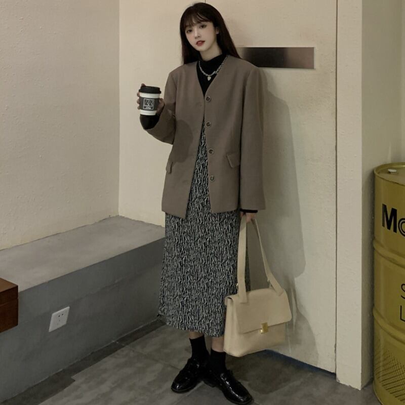 オータムスタンダードプリント柄スカート ブラックシャツ レディース レトロ 秋物 YY-ファッション87432017145