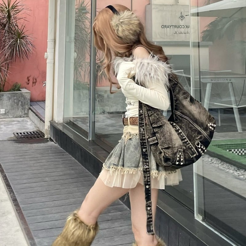 欧米ギャル風 ウォッシュドデニム スタッズ付き アメリカンカジュアル