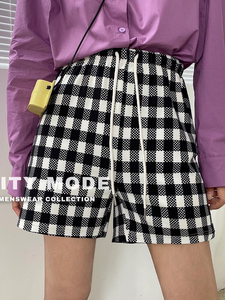 格子柄ショーツ オータムカジュアルルーズ薄手ハイウェストパンツ レース 秋物 ブルマー レースアップ ビッグFスモールZ韓国32063196665