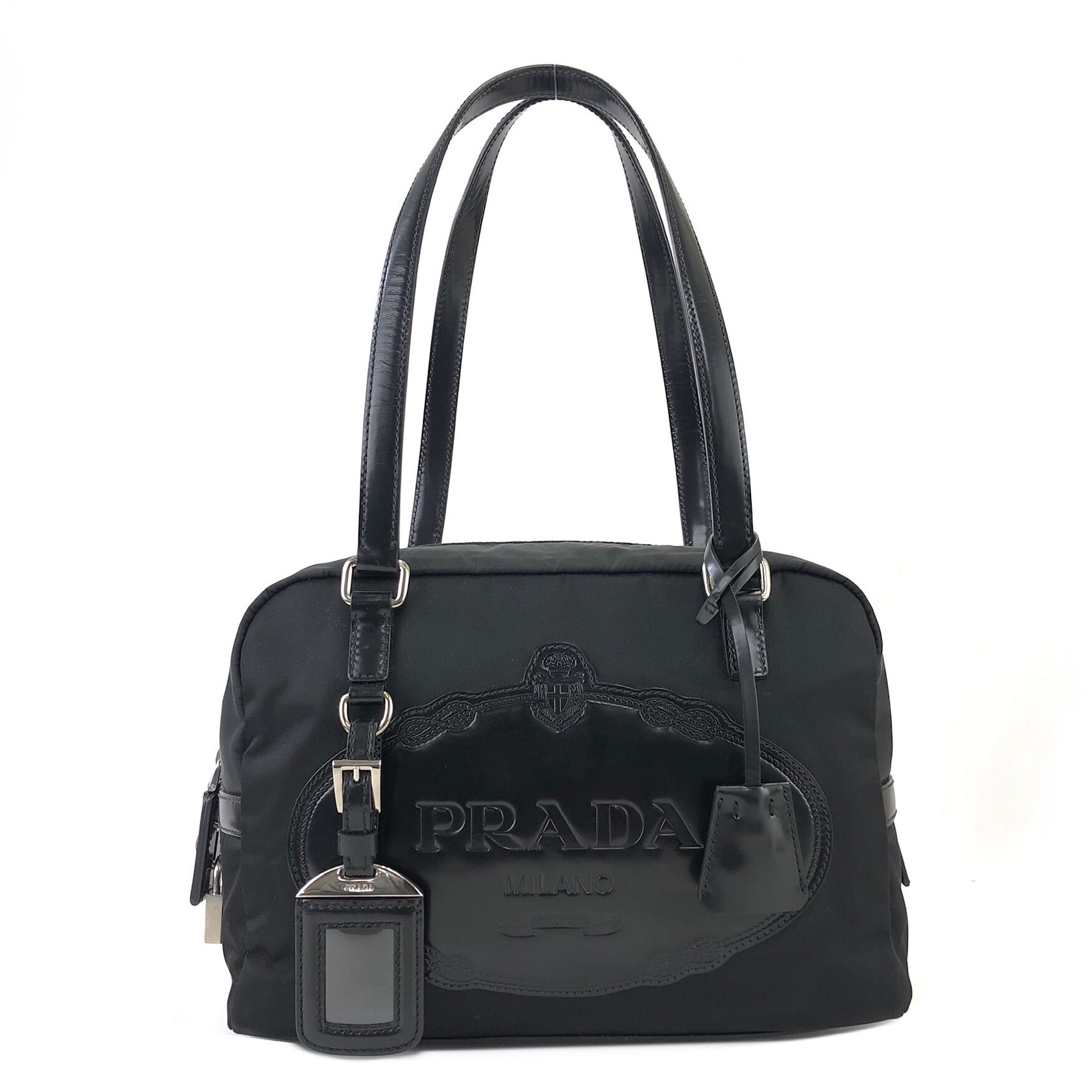 PRADA プラダ ロゴ型押し ビッグ レザー×ナイロン ミニボストン PRADA プラダ ロゴ型押し ビッグ レザー×ナイロン ミニボストン