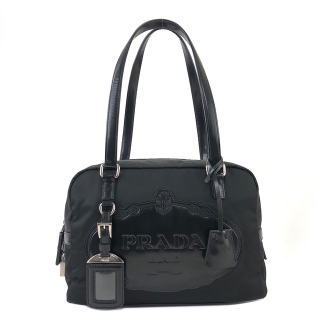 PRADA プラダ　ロゴ型押し　ビッグ　レザー×ナイロン　ミニボストン　ハンドバッグ　ブラック　vintage　ヴィンテージ　オールド　fzeu5f