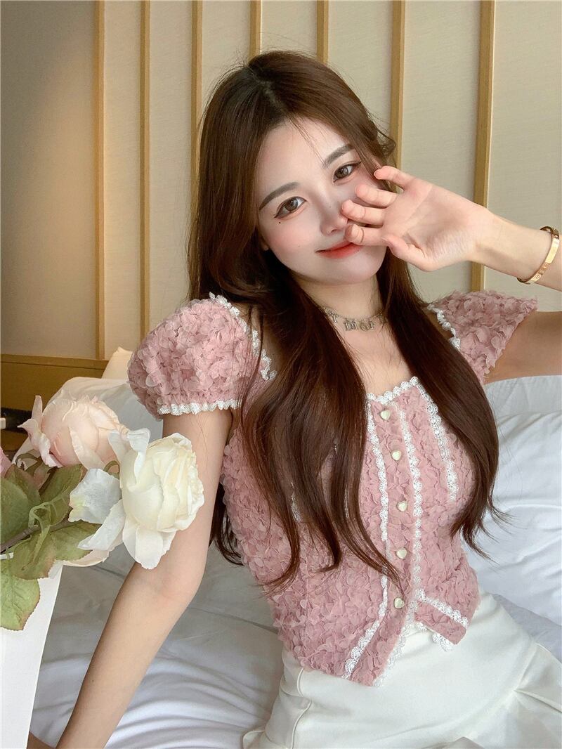 レースシフォンシャツ サマーショート ピンク 大人ガーリー スウィート キュート カジュアル 夏物 ブラックストロベリース97246925154