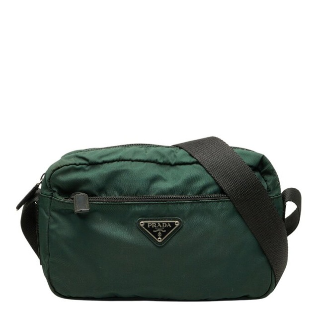 プラダ 三角ロゴプレート ショルダーバッグ グリーン ブラック グレー ナイロン レディース PRADA 【中古】