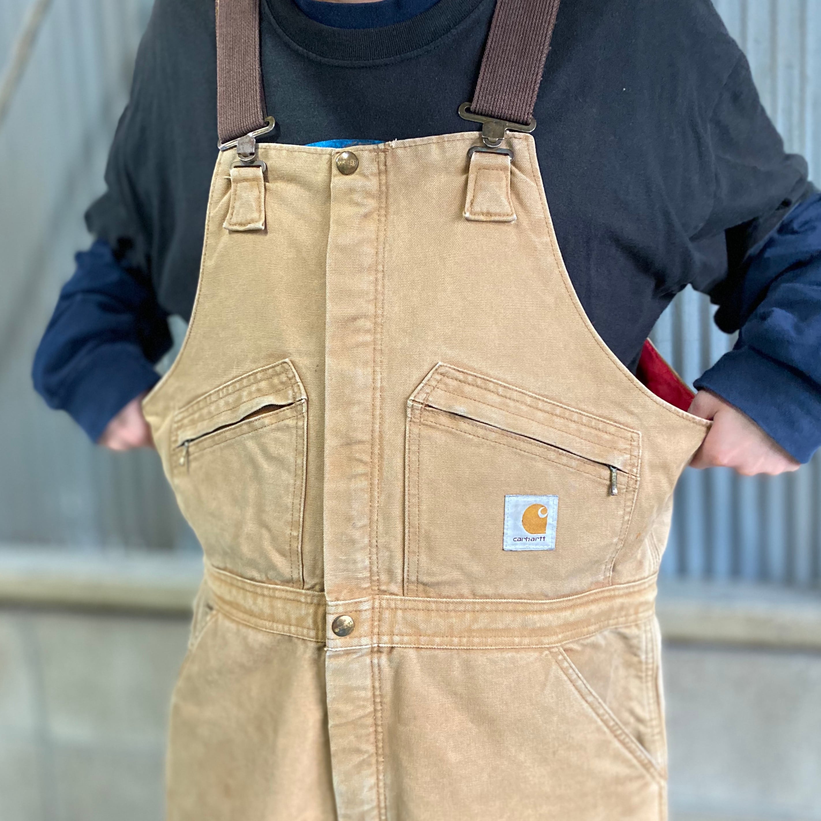 90年代 メキシコ製 Carhartt カーハート オーバーオール  ワーク  ダック地 裏地キルティング ベージュ (メンズ 42×32)   N5839