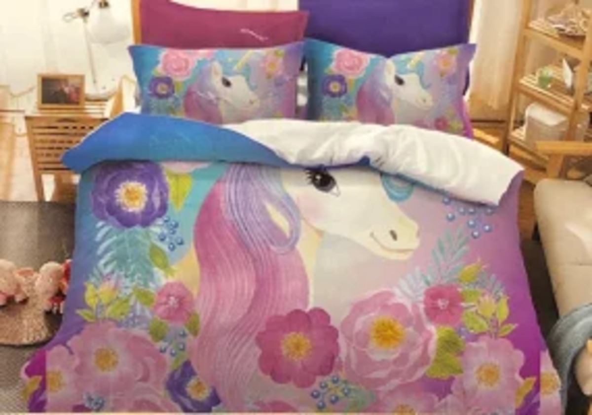 ユニコーン ベッド カバー ダブル 2点セット 掛け布団カバー 枕カバー シーツ セット 寝具 ピンク かわいい 海外 インポートコットン 子供用  バラ３Dプリント ゆめかわいい メルヘン | puahawaii
