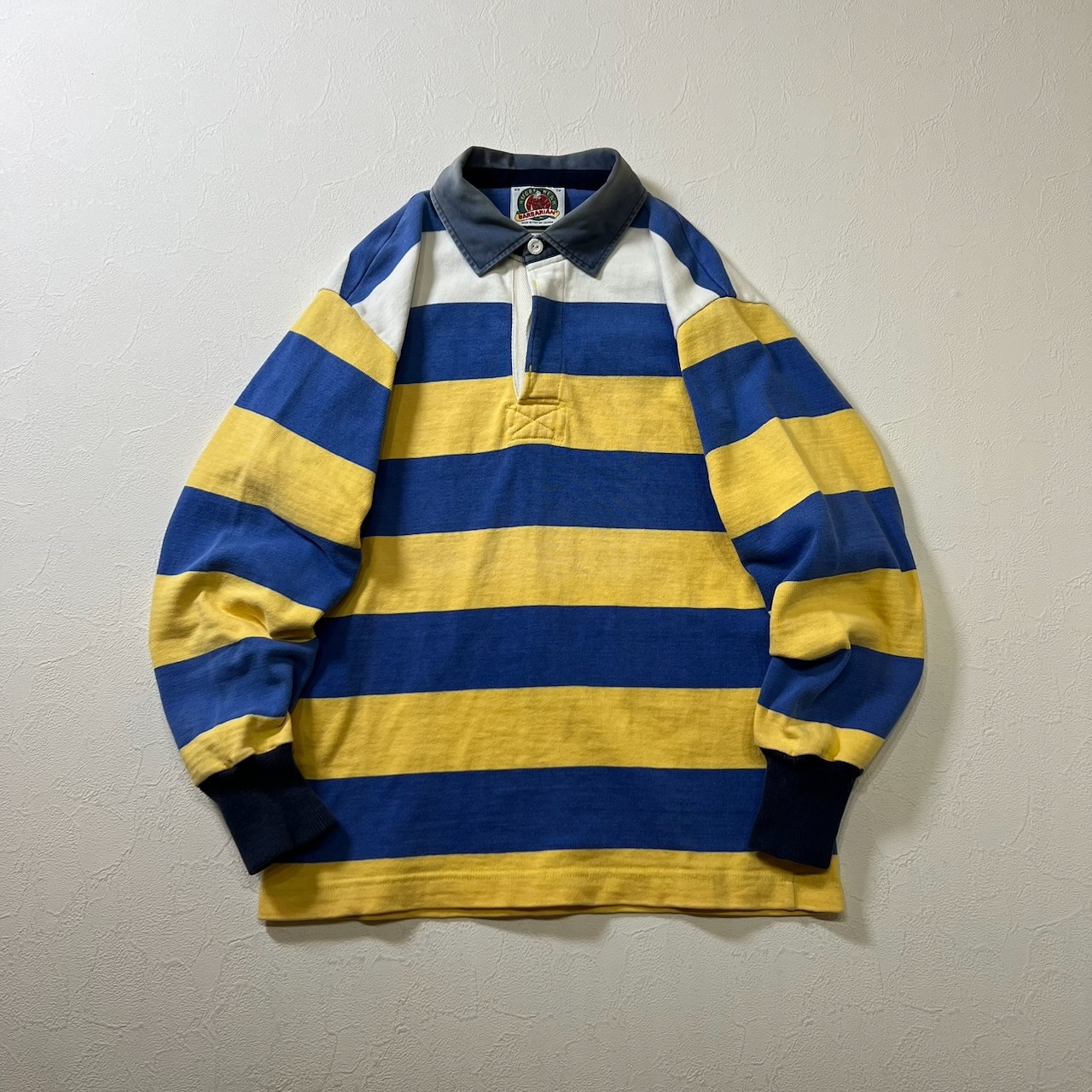 90s BARBARIAN フェード ボーダー ラガーシャツ バーバリアン ブルー イエロー XS 古着