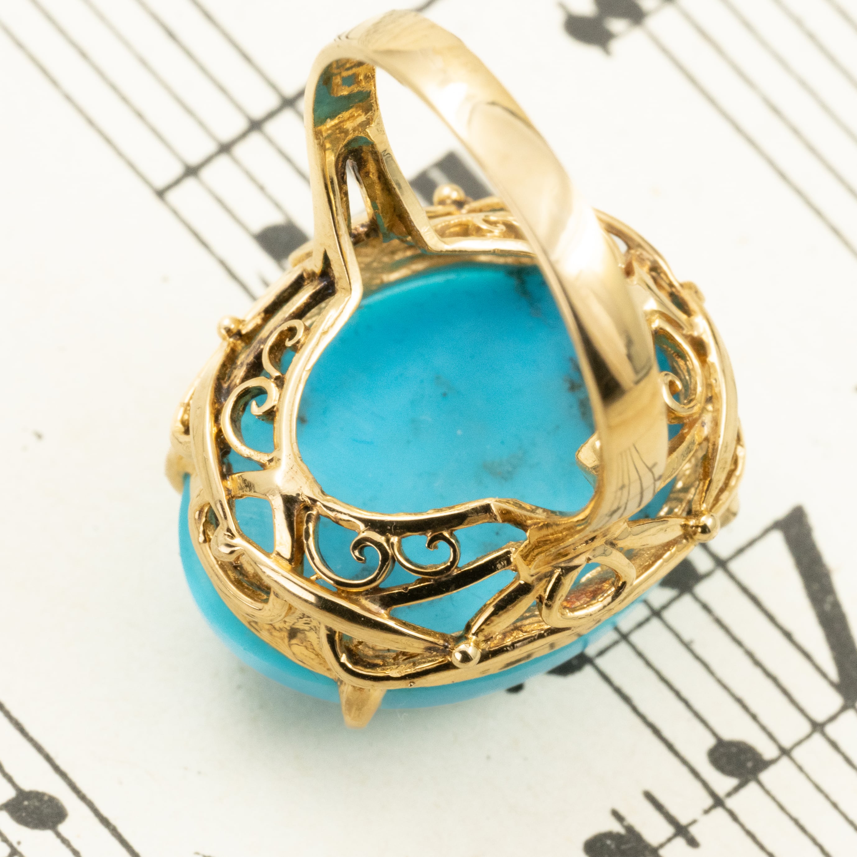 日本の作品】K18 昭和レトロ ターコイズ リング ～青空の下、明るい