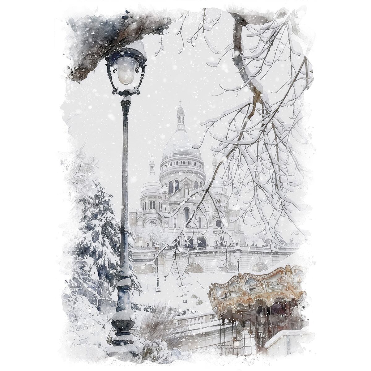 絵画 風景画(街並み) フランス 冬のパリ モンマルトル サクレ・クール寺院 インテリアアート額付き 水彩画・油絵調 WAT0740