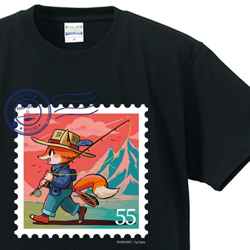 スタンプアニマル Fishing Fox by HAKURO Tシャツ 黒 L