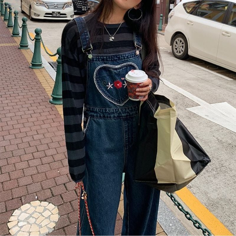 Heart accent denim overalls 00539