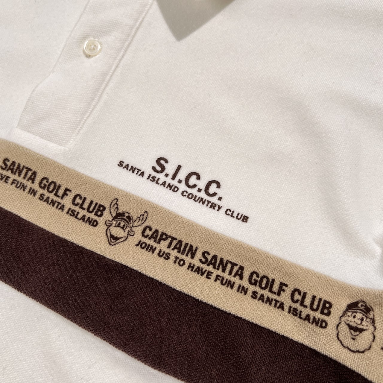 CAPTAIN SANTA キャプテンサンタ GOLF CLUB ライン入 長袖 トレーナー ポロシャツ M/ホワイト×ブラウンベージュ/ジョイマークデザイン