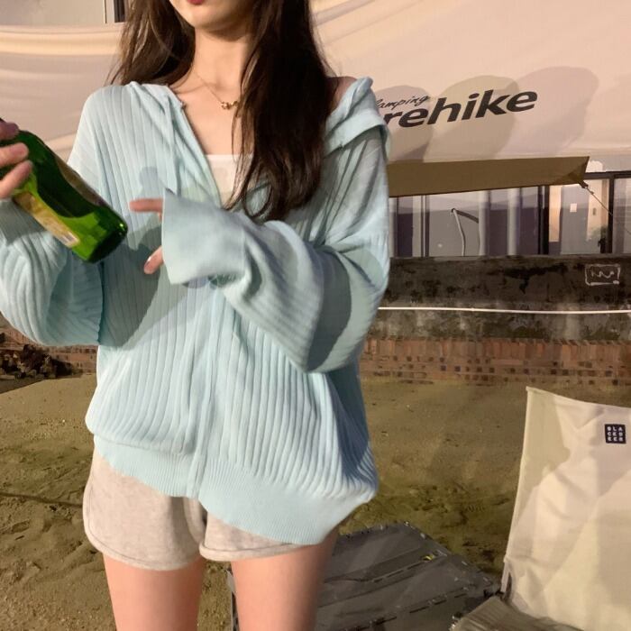 フードシャツ レディースサマースタイルルーズソリッド カラー薄手ニットカーディガントップス 夏物 シルク ソリッドカラー クレセントシティ65513337840