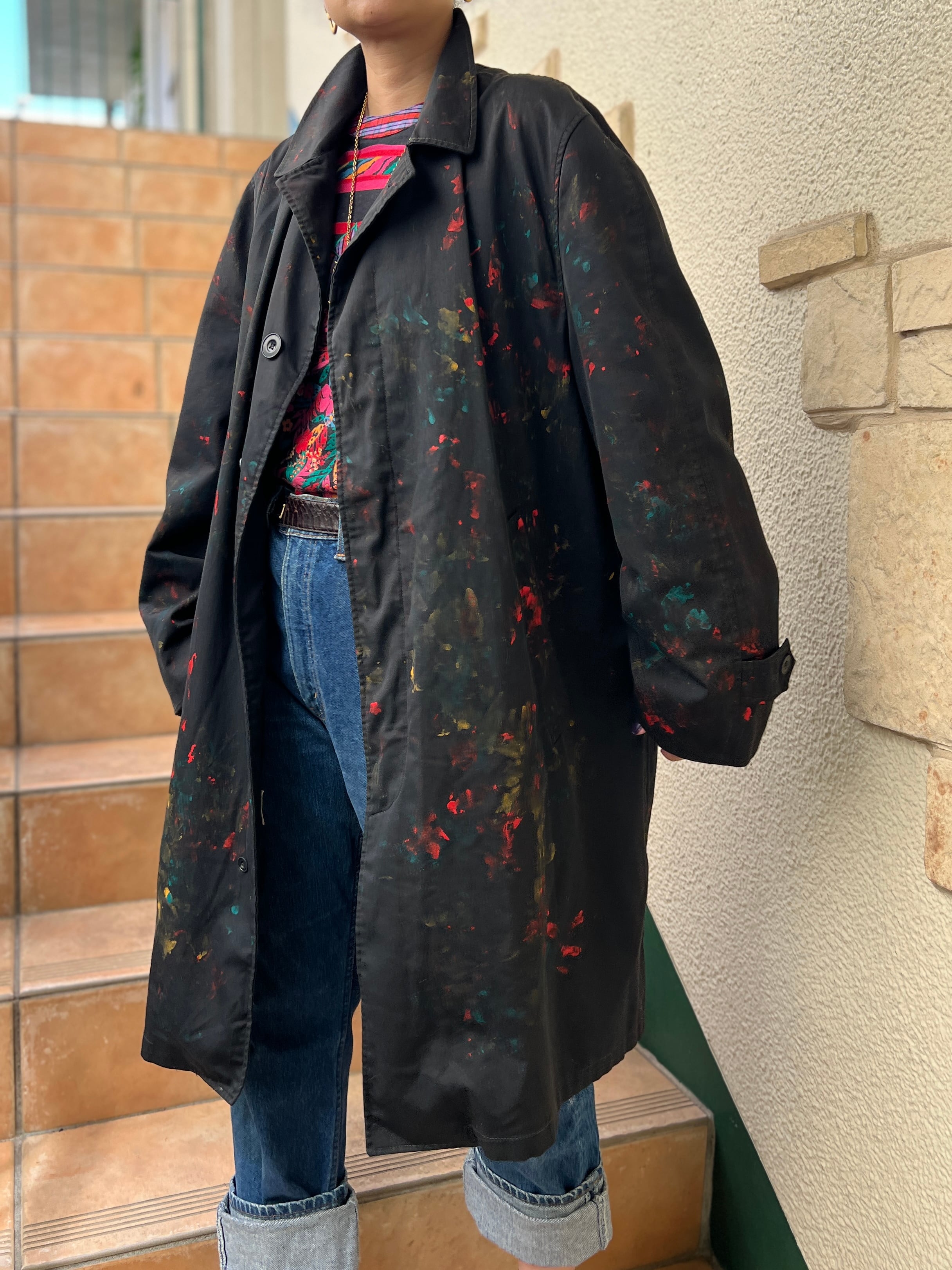 Vintage black × handpaint trench coat