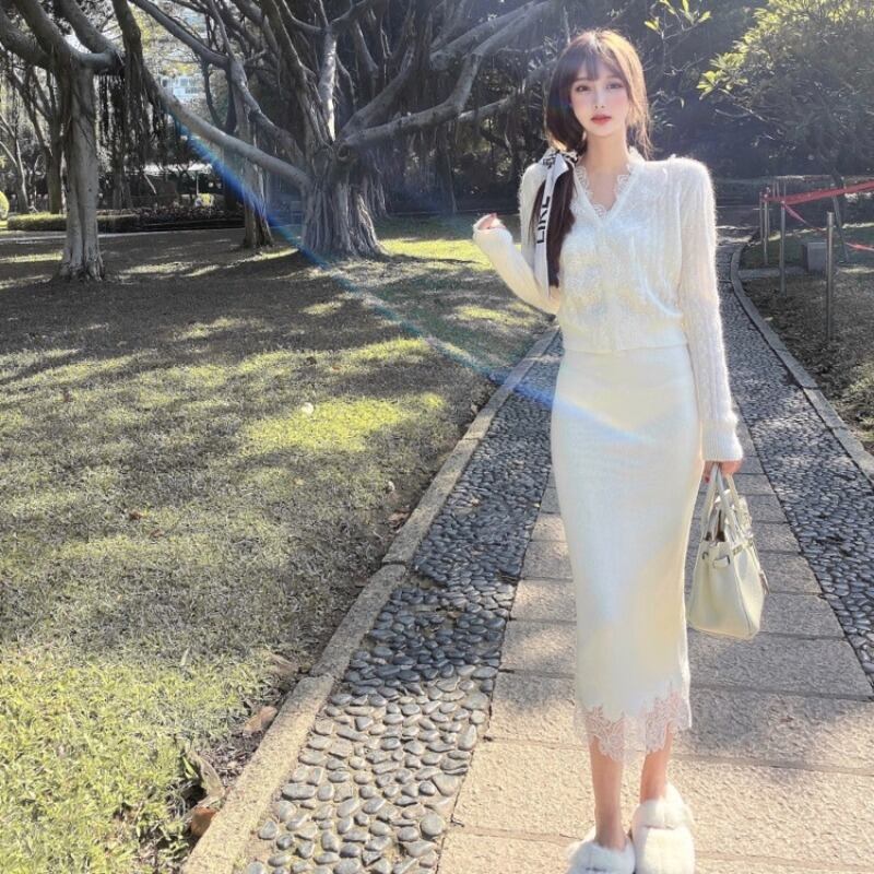 ニットカーディガンジャケット レーススタイルショートスリムセーター スプリングホワイトトップス ロング 春物 ブラックストロベリース16539531745