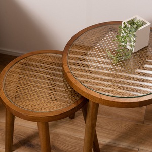 ラタン ラウンド ガラス テーブル M