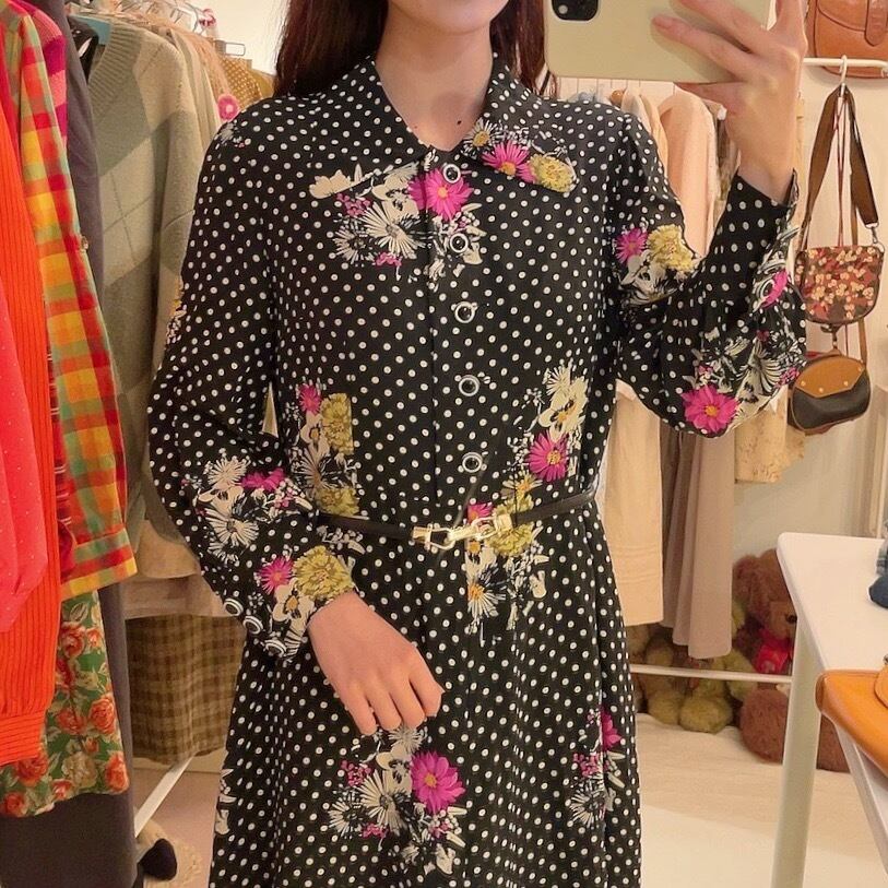 rétro flower white dot flare one-piece