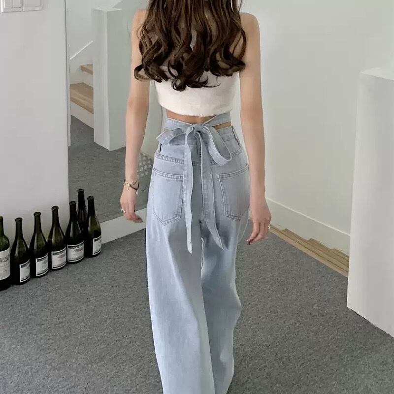 バックリボンに キュンとする スタイルアップ ハイウエスト デニム デニムパンツ セミワイド 美脚見え カジュアル ライトブルー 着回し抜群 Lamitte Deco トレンド 韓国ファッション ショップ Base店