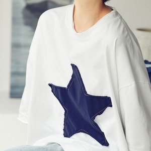 星型アップリケ　ボックスシルエット　五分袖Tシャツ 　A00282
