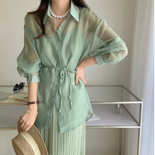 セットアップ レディース 2点セット ツーピース シャツ ワンピース シースルー ロング丈 グリーン/パープル/ブラック