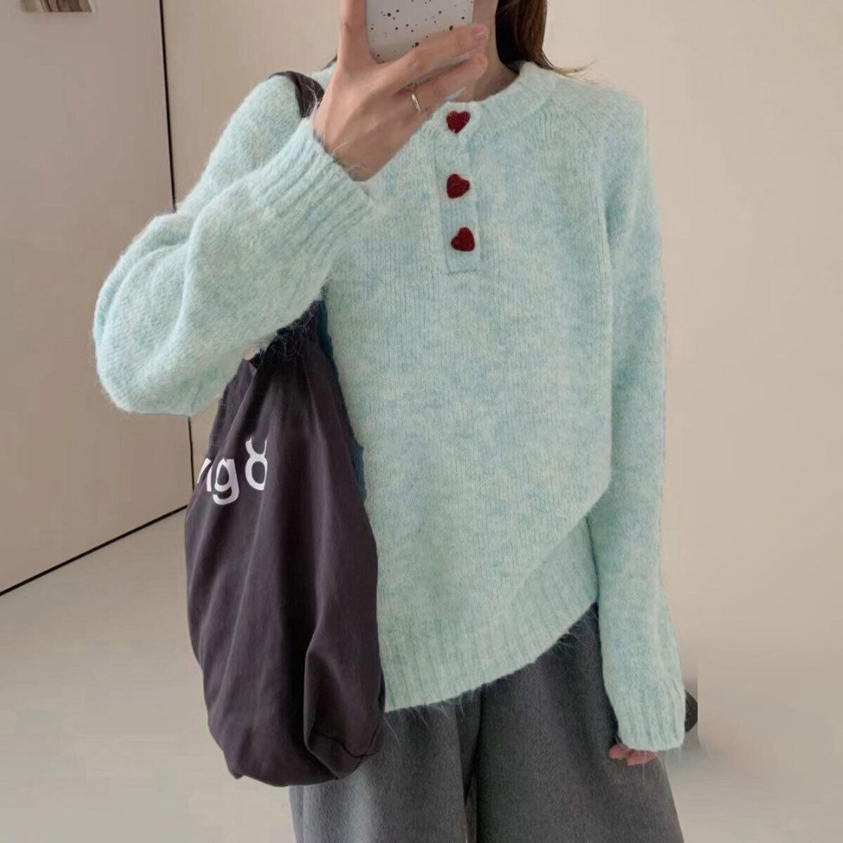 ニット 起毛 長袖 ハーフボタン レディース 春秋冬 韓国 トップス おしゃれ 大人 カジュアル きれいめ ハートボタン 無地 ゆったり ガーリー フェミニン 大人可愛い 大人女子