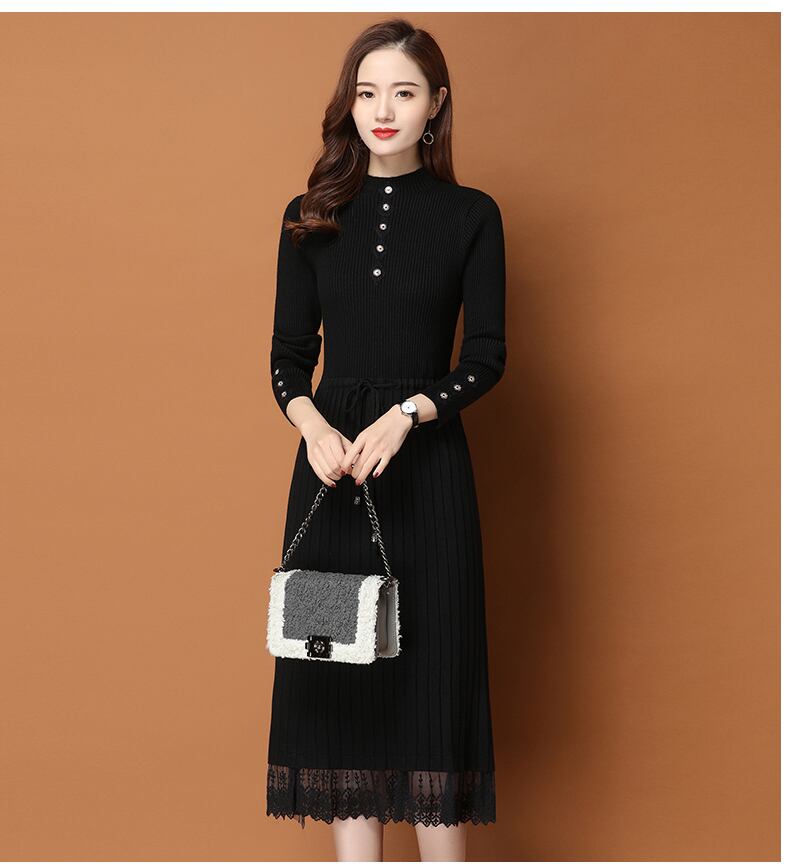 裾レース プリーツ ニット ワンピース ニットワンピース 膝下 ロング