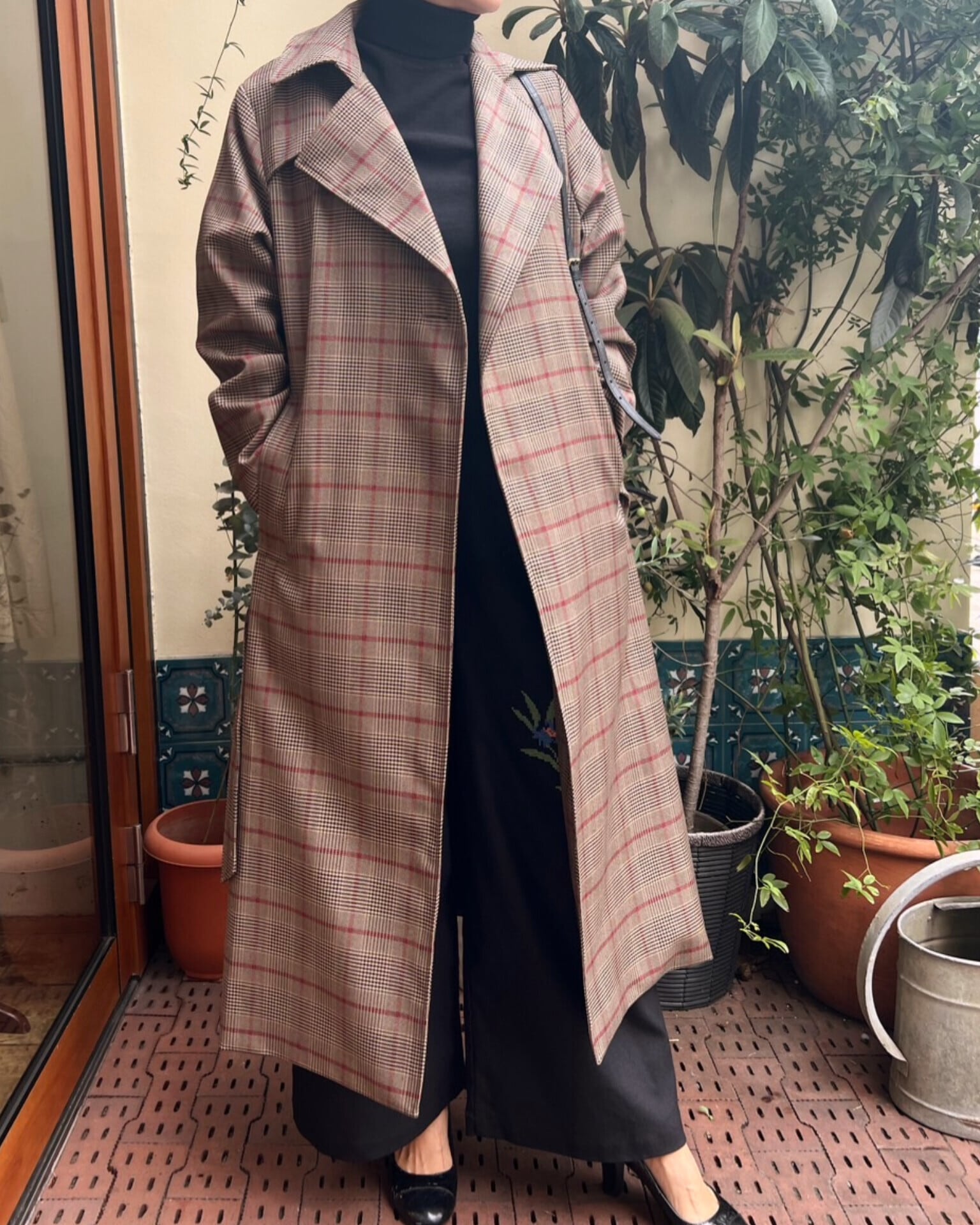Honnete】Trench Robe Coat / Red Glen Check | MOMENTS