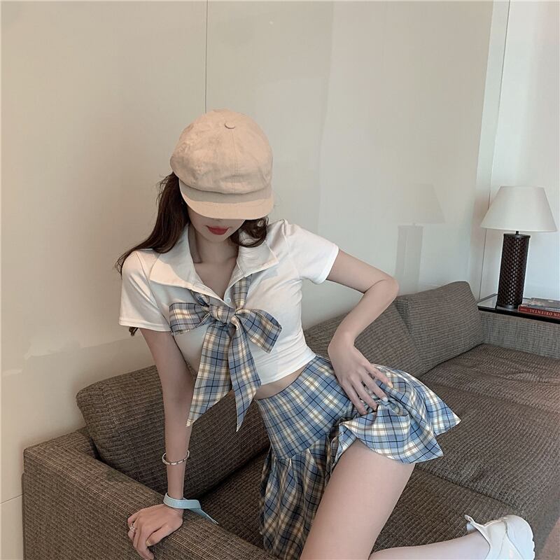 フランスの大学スタイルのレトロなJKスーツ女性の夏2020新しい格子縞のタイジャケット+スカートツーピーススーツ ブラックストロベリース34876436653